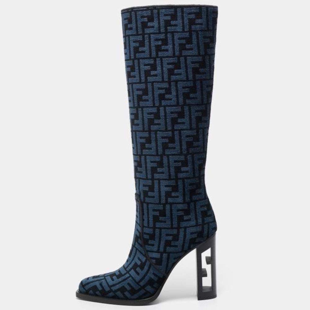 Fendi Blue/Black FF Jacquard Chenille Knee Length Boots Size 37.5